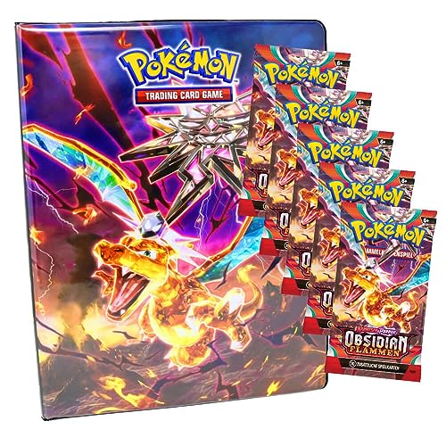 Pokemon Sammelkarten Karmesin & Purpur - Obsidian Flammen Karten - Ultra Pro 9-Pocket Trading Cards Deutsch - 1 Mappe + 5 Booster von Generisch