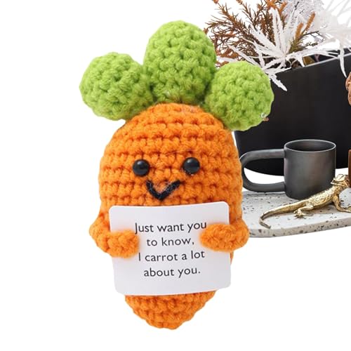 Positive Karotte - Weiche Bequeme Lustige Häkelkarotte Plüschfigur | Wollgarn Motivierende Gestrickte Fruchtpuppe mit Positiver Botschaft | Emotionale Unterstützung Häkelkarotte für Küchen, Kitas von Generisch