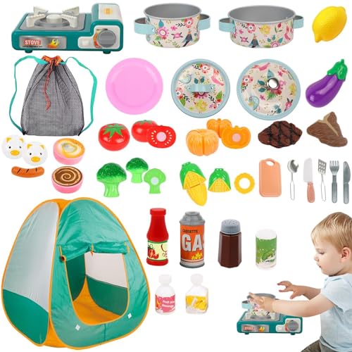 Pretend Camping-Set für Kinder, Kleinkind-Camping-Set - 40 Stück Kleinkind-Spielzeug zum Schneiden von Früchten | Stellen Sie Sich EIN Camping-Set mit Barbecue-Grill, Grillspießen und Zelt für Kinder von Generisch