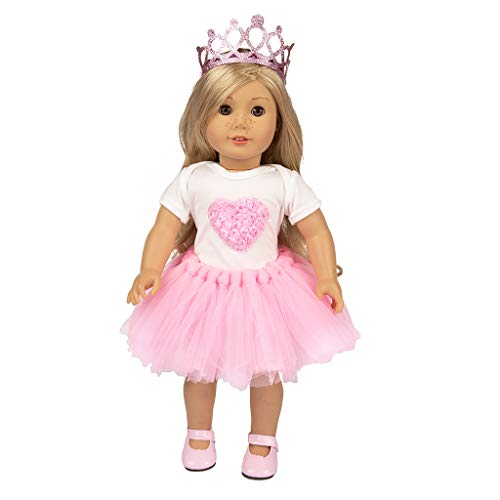 Prinzessinnen-Puppenkleid-Set, 46 cm, Rosa Tüllrock mit Herz-T-Shirt, Krone und Schuhe von Generisch