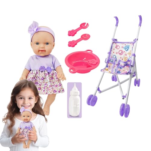 Puppe mit Kinderwagen, Puppenwagen-Set | Esszimmerstuhl für Kleinkinder, Puppenzubehör für Kinder | 10-Zoll-Puppenspielset mit Kinderwagen-Puppenzubehör Rollenspielset für Kinder Mädchen ab 3 Jahren von Generisch