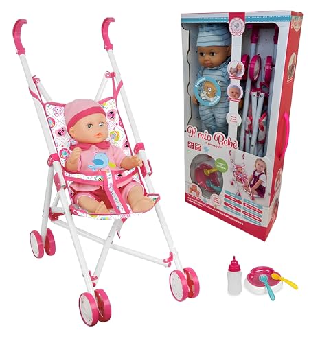 Puppe mit Kinderwagen Puppe Trinken Macht Pipi sprechend Sprechen Ride Anruf Mama Papa Lachen Schreien Macht Capricci Gorgheggia wie ein echtes Kind mit Flasche Set Babynahrung Sprechende Puppe von Generisch