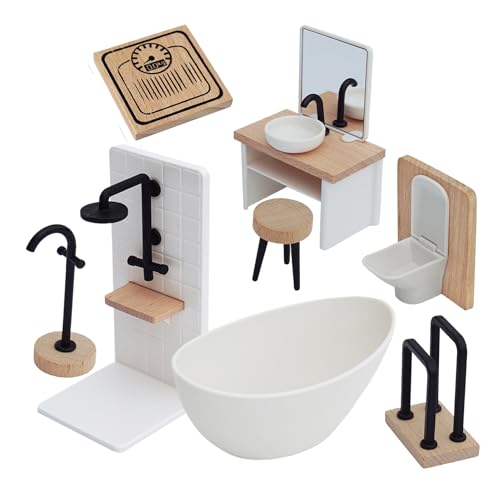 Puppenhaus - Miniaturmöbel | Verzierungen Für Kid | Badezimmerset Mit 8 Holzstücken Wie Badewanne, Toilette, Becken, Handtuchregal, Perfekt Für Das Spielen Und Kreatives Geschichtenerzählen Puppenhaus - Miniaturmöbel | Verzierungen Für Kid | Badezimmerset Mit 8 Holzstücken Wie Badewanne, Toilette, Becken, Handtuchregal, Perfekt Für Das Spielen Und Kreatives Geschichtenerzählen von Generisch