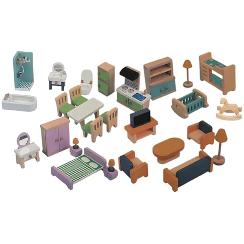 Puppenhaus Möbel, Puppenhaus Zubehör, Miniatur Möbel Wohnzimmer Badezimmer Schlafzimmer, Puppenstubenmöbel, Puppenmöbel Set Holz von Generisch