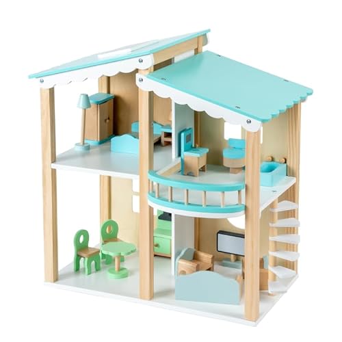 Puppenhaus aus Holz mit Möbeln, Zimmern und Zubehör, Dollhäuser, Holzspielzeug für Puppen, Blau und Weiß, Geschenk für Kinder ab 3 Jahre von Generisch