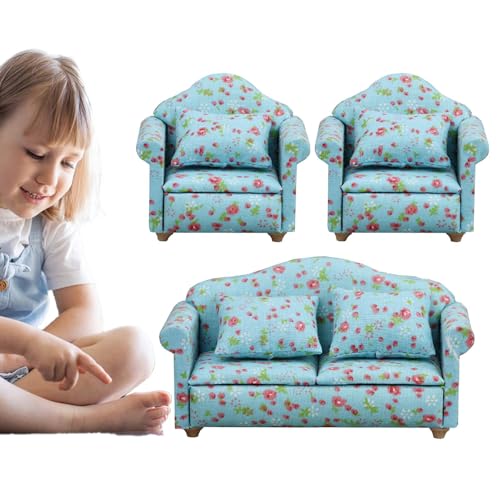 Puppenhaussofas, Miniaturcouch für Puppenhaus - Kleine Wohnzimmermöbel | 1:12 Puppenhaus-Couch mit Kissen, Puppenhaus-Möbel-Dekoration, kleines Sofa für Kinder, Spielzeug von Generisch