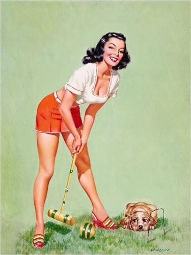 Puzzle 1000 Teile 1940er Pin-Up Mädchen Cocker Spaniel Welpe Hund Krocket Bild Druck Kunst Wandkunst Holzpuzzle Spielzeug Spiele für Erwachsene Kinder Kinder Jugendliche Geschenk von Generisch