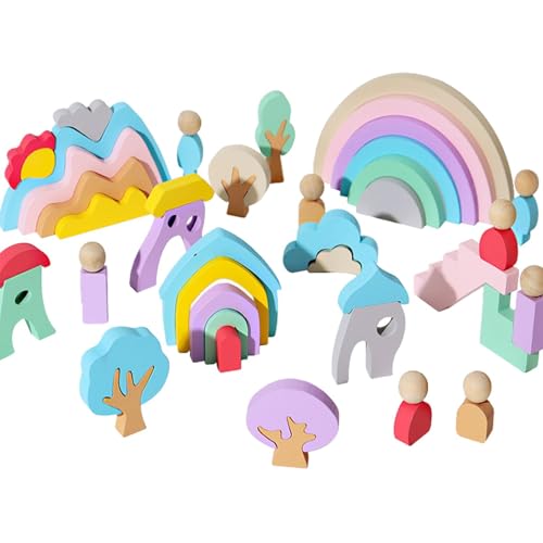 Regenbogen-Stapelspielzeug aus Holz, Regenbogen-Stapler aus Holz,44 Stück Stapelspiele Regenbogenblöcke Regenbogenspielzeug | Buntes Stapelspielzeug aus Holz, Stapelspielzeug aus Holz für Kinder ab 3 von Generisch