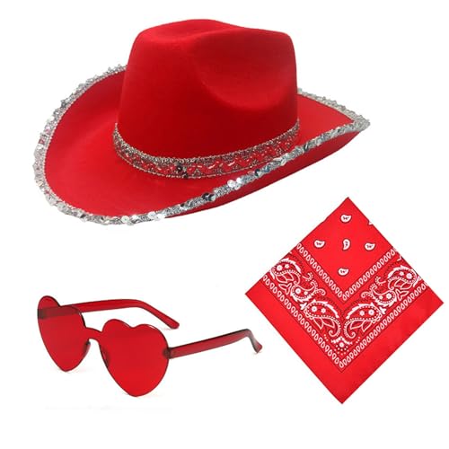 Rosa Cowboy Hut Damen Set Western Filzhut mit Federtrimm Herz Brille und Rosa Bandana Accessoires Westen Cowgirl Kostüm Pinker Cowboyhut für Damen Cosplay Party Halloween Karneval (K) von Generisch