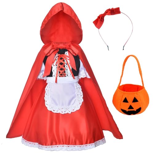 Rotkäppchenkleid, Weihnachtskostüme für Mädchen mit Umhang, Stirnband, Tasche (2 bis 12 Jahre), Mädchenkleid für Kinder (Rot, 4–5 Jahre) von Generisch