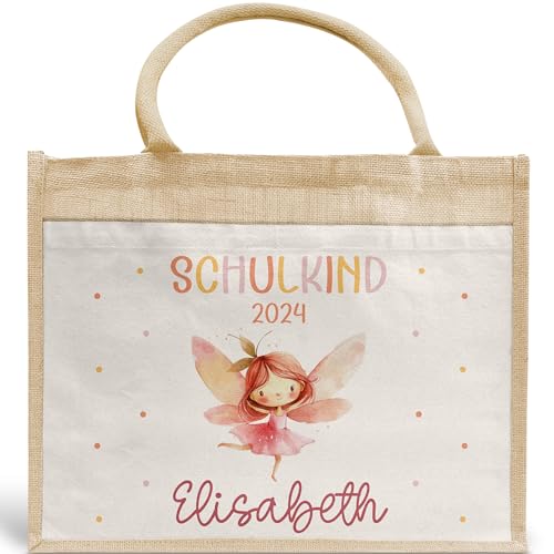 Schulkind 2024 Tasche, Zoo, Löwe Giraffe, Elefant, Schultasche, Rakete, UFO - Geschenk Einschulung, personalisierte Jutetasche, Einschulungsgeschenk (Ballerina Fee) von Generisch