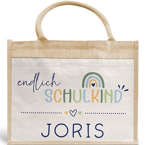 Schulkind 2024 Tasche, Zoo, Löwe Giraffe, Elefant, Schultasche, Rakete, UFO - Geschenk Einschulung, personalisierte Jutetasche, Einschulungsgeschenk (Endlich Schulkind - Blau) von Generisch