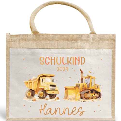 Schulkind 2024 Tasche, Zoo, Löwe Giraffe, Elefant, Schultasche, Rakete, UFO - Geschenk Einschulung, personalisierte Jutetasche, Einschulungsgeschenk (Kipper & LKW) von Generisch