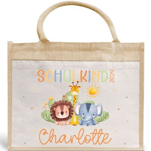 Schulkind 2024 Tasche, Zoo, Löwe Giraffe, Elefant, Schultasche, Rakete, UFO - Geschenk Einschulung, personalisierte Jutetasche, Einschulungsgeschenk (Löwe Giraffe Elefant) von Generisch