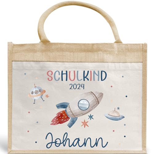 Schulkind 2024 Tasche, Zoo, Löwe Giraffe, Elefant, Schultasche, Rakete, UFO - Geschenk Einschulung, personalisierte Jutetasche, Einschulungsgeschenk (Rakete) von Generisch