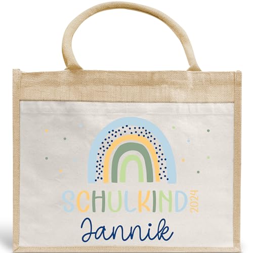 Schulkind 2024 Tasche, Zoo, Löwe Giraffe, Elefant, Schultasche, Rakete, UFO - Geschenk Einschulung, personalisierte Jutetasche, Einschulungsgeschenk (Regenbogen Blau) von Generisch