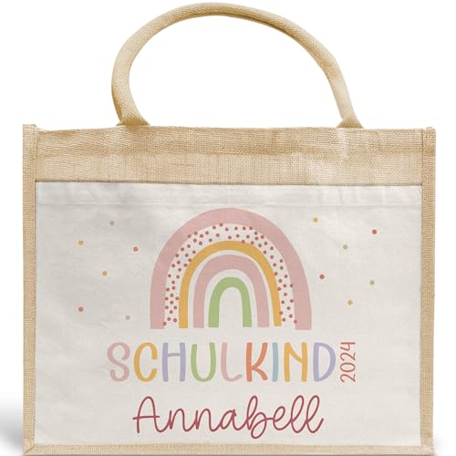 Schulkind 2024 Tasche, Zoo, Löwe Giraffe, Elefant, Schultasche, Rakete, UFO - Geschenk Einschulung, personalisierte Jutetasche, Einschulungsgeschenk (Regenbogen Rosa) von Generisch