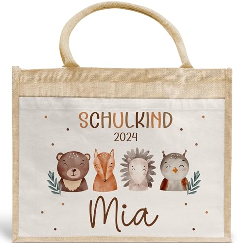 Schulkind 2024 Tasche, Zoo, Löwe Giraffe, Elefant, Schultasche, Rakete, UFO - Geschenk Einschulung, personalisierte Jutetasche, Einschulungsgeschenk (Waldtiere) von Generisch