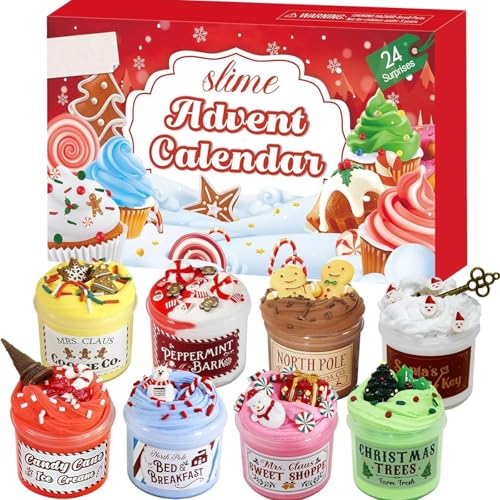 Slime adventskalender 2024, Knete Schleim Set - DIY Fluffy Slime 24 Tage Weihnachten Countdown Schleim Spiele Kit niedlichem Weihnachtszubehör, Geburtstag Weihnachten Geschenk für Mädchen, Jungen von Generisch