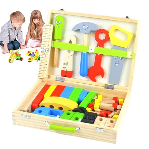 Spielzeug-Werkzeugset, Kinder-Werkzeugset - 69-teiliges Werkzeugset für Kinder, Bauwerkzeug-Sets,Tragbarer, pädagogischer Werkzeugkasten aus Holz, Stammlernen für Kinder, Mädchen und von Generisch