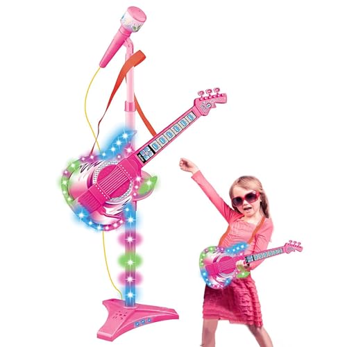 Spielzeug für E-Gitarre und Mikrofon, Gitarren- und Mikrofonständer für Kinder | Musikpädagogisches Spielzeug | Gitarren- und Mikrofonspielset mit Musik und Licht, Mikrofonspielzeug mit höhenverstellb von Generisch