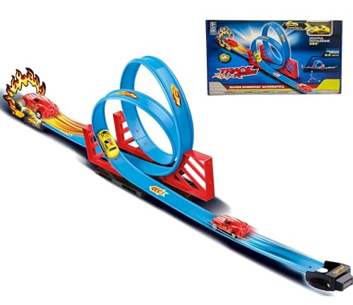 Generisch Rennbahn mit Auto 2,5 Meter mit Todesrunde und 360°-Drehung, Flexible Rennstrecke für Kinder, Blau, Action-Packed, Modern Racing von Generisch