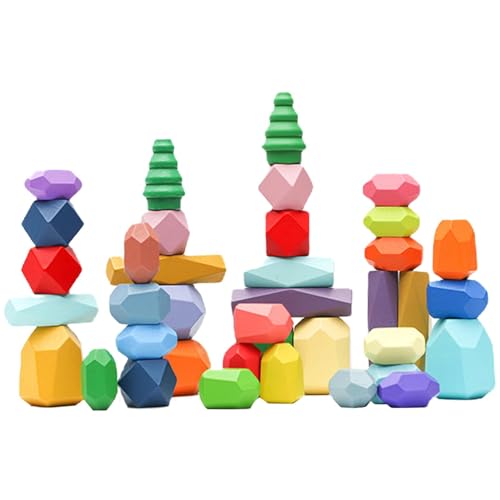 Stapelblöcke aus Holz, Stapelsteine aus Holz - 38-teiliges sensorisches Bausteine-Spiel für Kinder,Bunte polyedrische Lernbausteine für und Mädchen im Alter von 1 bis 6 Jahren von Generisch