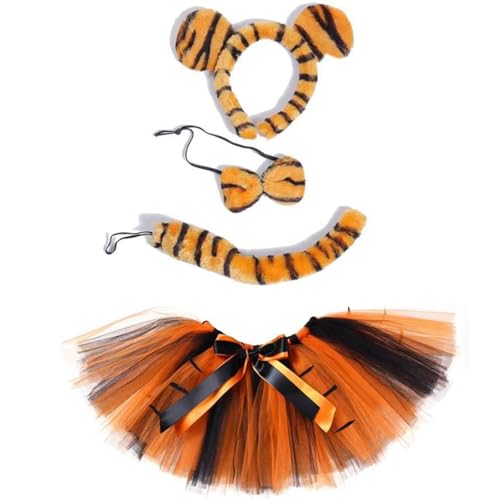 Tier Kostüm Kinder Tierkostüm Mädchen TüTü Tüllrock 4-teiliges Set Tutu Rock mit Zubehör Stirnband Tier Ohren Fliege Schwanz Set Karneval Cosplay Party Verkleidung Kostüm Prinzessin Outfit #Gold XL von Generisch