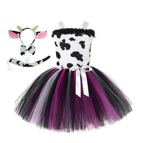 Tierkostüm Kinder Mädchen Tier Kostüm Tüll Kleid mit Stirnband und Schwanz 3tlg Geburtstag Karneval Outfit Cosplay Kostüm Faschingskostüm Prinzessin Tiger Zebra Leopard Kuh Verkleidung #Lila M von Generisch