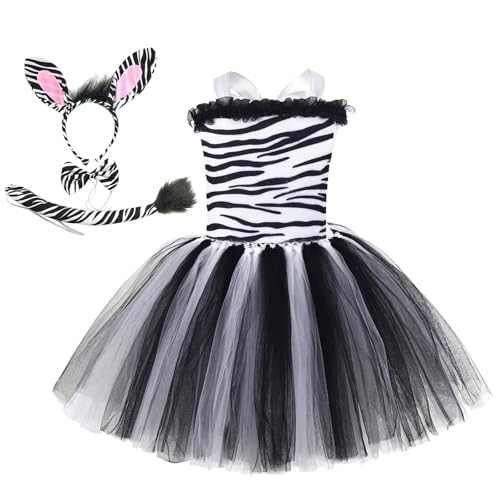 Tierkostüm Kinder Mädchen Tier Kostüm Tüll Kleid mit Stirnband und Schwanz 3tlg Geburtstag Karneval Outfit Cosplay Kostüm Faschingskostüm Prinzessin Tiger Zebra Leopard Kuh Verkleidung #Weiß L von Generisch