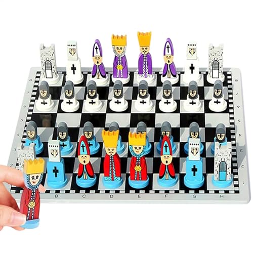 Tragbares Cartoon Chess Board – Spaß und Lernen Schachspiel aus Holzz | Cartoon-Holzpuppen-Schachspiel | Ideal für Kinder und Erwachsene, Kompaktes Reiseschachspiel von Generisch