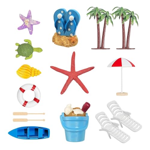 Tropische Cupcake-Dekorationen,Tropischer Cupcake-Topper,15X -Miniaturdekorationen - Palmen, Liegestuhl, Strandschirm, Eimer, Tortenaufsatz-Set für Gartenpflanzenpool von Generisch