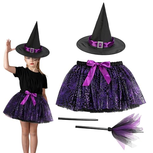 Tutu-Rock-Set für Mädchen, mit Hut und Besen, Kinderrock-Set, violettes Spinnennetz, Hexenrock mit Futter für Halloween-Outfits von Generisch