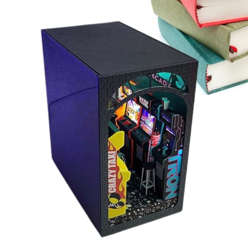 Videospiel-Arcade-Bücherecke, Arcade-Bücherecke,3D-Holzpuzzle-Buchstützen-Set | Arcade Book Nook Booknook mit LED-Licht, Punk-Video-Arcade-Dekor-Puzzle für Sammler, Erwachsene und Kinder von Generisch