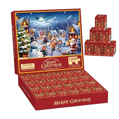 Weihnachts-Adventskalender-Puzzle, 1000 Teile – 24 Tage Weihnachts-Countdown-Kalender 2024, Puzzle, Weihnachts-Familienspielzeug, Geschenke für Kinder und Erwachsene von Generisch