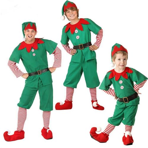 Weihnachtself Kostüm Herren Elf Kostüm Kinder Elfen Cosplay Elfenkostüm 5 Teiler Grinch Hemd Elfenmützen Passende Hose Schwarzer Gürtel Weihnachtself Schuhe Weihnachtselfen Set Für Herren Junge von Generisch