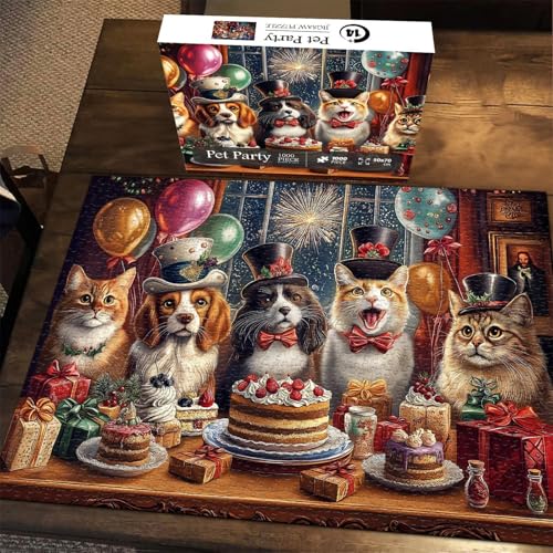 Weihnachtsgeschenke für Frauen, Freunde, Haustier-Party-Puzzle, 1000 Stück, Kätzchen und Hund, Puzzle, Weihnachten, Adventspuzzle, Weihnachtsschmuck, Weihnachtsgeschenke von Generisch