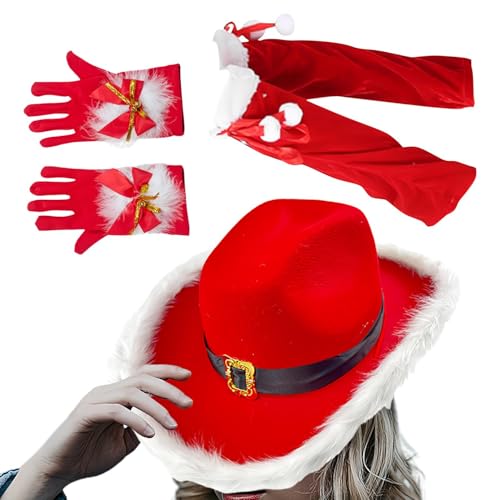 Weihnachtskostüme | Weihnachtsmann-Cowgirl-Hut mit Handschuhen und Beinstulpen | Roter Weihnachtsmann Cosplay Kostüm Dress Up Set für Bühnenauftritte, Urlaubspartys von Generisch