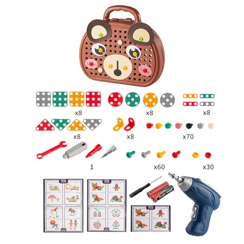 Werkzeugkasten mit Spielzeug Bohrer, Bär Themed Play Toolbox, 2D/3D Kreativität Werkzeugkasten, Lernspielzeug für Kinder Geburtstag Geschenke (A) von Generisch