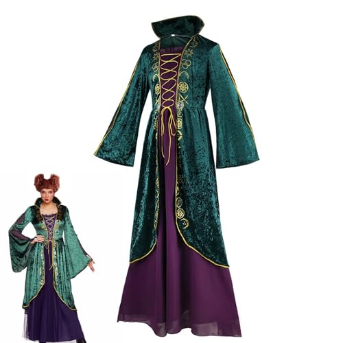 Winifred Sanderson Hexenkostüm | Winifred Sanderson Kostüme Kleid Mit Perücke | Mittelalterliches Grünes Samtkleid Für Damen | Halloween Cosplay Hexenkleid Robe Grüne Uniform von Generisch