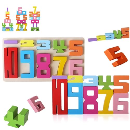 Wooden Number Building Blocks, Holz-Ziffer-Bauklötze, Holz-Stapel-Bauklötze, Sensorische Ziffernklötze, Holz Zahlenblock Spielzeug Set, Montessori Spielzeug ab 3 Jahre (1*Patchwork + 10*Blöcke) von Generisch