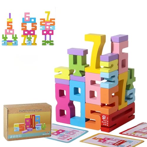 Wooden Number Building Blocks, Holz-Ziffer-Bauklötze, Holz-Stapel-Bauklötze, Sensorische Ziffernklötze, Holz Zahlenblock Spielzeug Set, Montessori Spielzeug ab 3 Jahre (15*Patchwork + 20*Blöcke) von Generisch