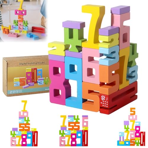 Wooden Number Building Blocks,Holz-Ziffer-Bauklötze, Holz-Stapel-Bauklötze, Sensorische Ziffernklötze, 1-10 Ziffernspiel Gleichgewichtswettbewerb, Geschenk für Jungen und Mädchen (1 Set) von Generisch