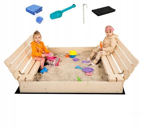 XXL Großer Sandkasten mit Sitzbänke Sandkiste Sandbox Holz Deckel 150cm Prämie von Generisch