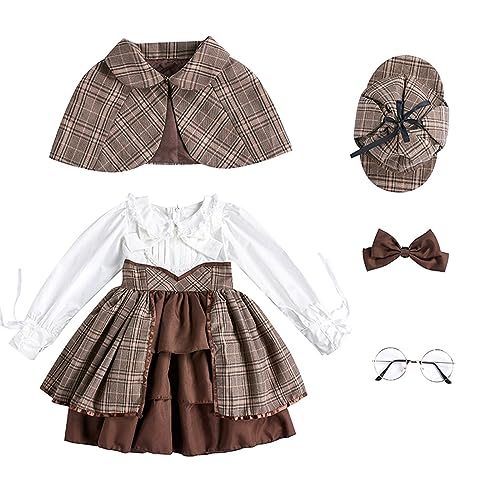 /große Kinder Detektivanzug für Mädchen im britischen Stil mit kariertem Schal, mittelalterliches bauschiges langes Kleid für Mädchen, Halloween, Cosplay Baby Junge Kleidung Set (Brown, 2-3 Years) von Generisch