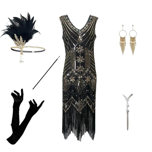 party outfit damen, 6 Stück 1920er Charleston Kleid V-Ausschnitt Pailletten Perlen Fransen Kleid mit Flapper Stirnband Handschuhen Perlenkette Ohrringen Handheld-Requisiten für Abschlussball von Generisch