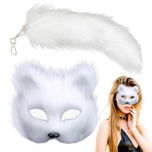 Genikeer Animal Maske Katzenmaske Und Animal Tail Set, Fuchs Maske Und Schwanz, Personalisierte Animal Maske Und Schwanz, Halbgesicht Maskerade Maske Für Cosplay Fantasie von Genikeer