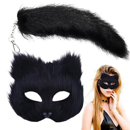 Genikeer Animal Maske Katzenmaske Und Animal Tail Set, Fuchs Maske Und Schwanz, Personalisierte Animal Maske Und Schwanz, Halbgesicht Maskerade Maske Für Cosplay Fantasie von Genikeer