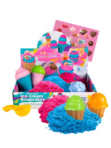 Genio Kids Knetsand 1kg Set Cupcakes & Eiscreme - Pink und Blau Sandknete Magischer Sand, 8 Zubehör - Zaubersand Knete Sand Weihnachtsgeschenke für Kinder, Mädchen und Jungen von Genio Kids