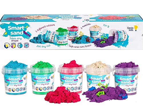 Genio Kids Magic Sand 750g Zaubersand - 5 Farben Bunter Sand Set, 5 Sandknete Zubehör - Spielsand für drinnen, Magischer Knetsand geschenke für Kinder, Mädchen und Jungen von Genio Kids